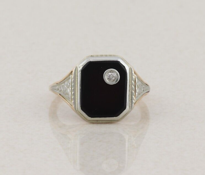 #ad 10k Yellow Gold and White Gold Onyx amp; Diamond Ring Antique Art Deco Size 7 1 2