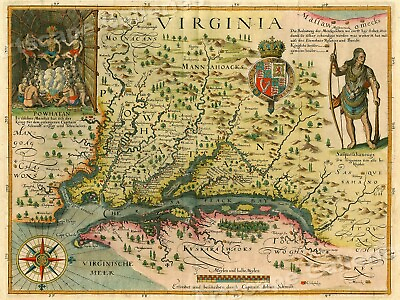 #ad 1627 Map of Virginia by John Smith Historic Vintage Style Wall Map 18x24