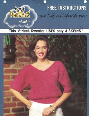 #ad Phentex Chunky V NECK SWEATER to Knit Pattern Uses 4 Skeins Art. 1842B