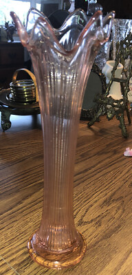 #ad Vintage FENTON Pink Fluted Ribbed Textured 10quot; Ruffle Top Vase Rare