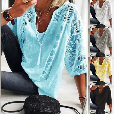 #ad Spring Cotton Linen Baggy Tunic Tops Women Summer Beach Blouse Shirt Cover Up US