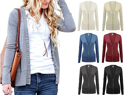#ad Women#x27;s V Neck Cardigan Sweater Snap Front Long Sleeve Basic Classic Soft Knit