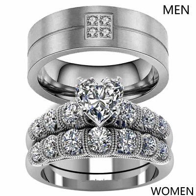 Couple Rings Titanium Steel Mens Wedding Bands CZ Women#x27;s Wedding Ring Sets