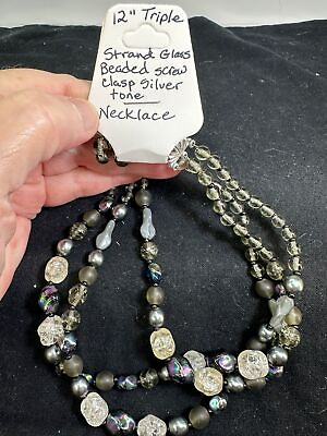 #ad Necklace Choker 12quot; 3 Strand Glass Beads Screw Clasp Vintage M 6718