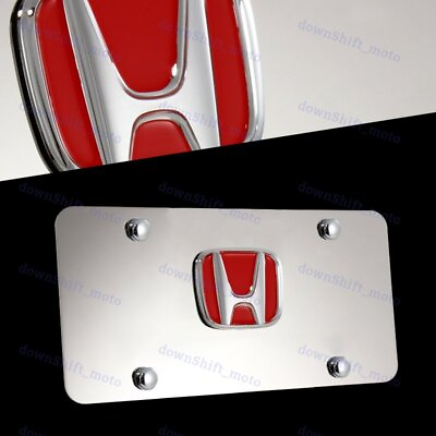 #ad New For 3D HONDA RED Front Mirror Stainless Steel License Plate Frame with Caps