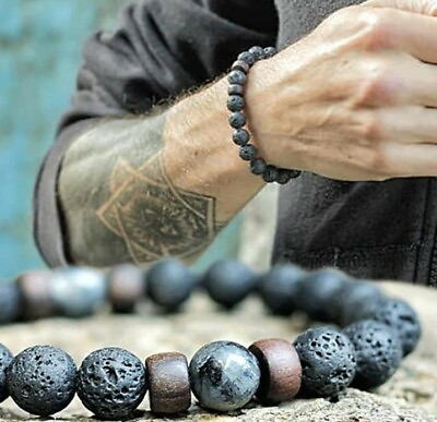 #ad Lava Stone Bracelet Tibetan 8mm Bead Wrist Chain Buddha Jewelry Black Stones