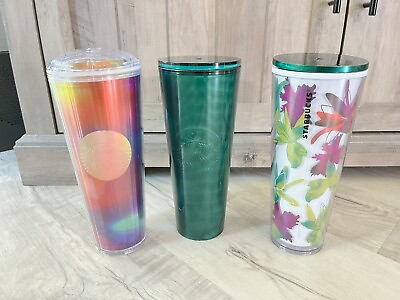 #ad Starbucks Lot Of 3 Plastic 24 oz Cups Tumblers amp; Lids Kaleidoscope Green Floral