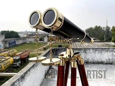 Antique Brass Leather Binocular Double Barrel Telescope With Wooden Tripod Stand