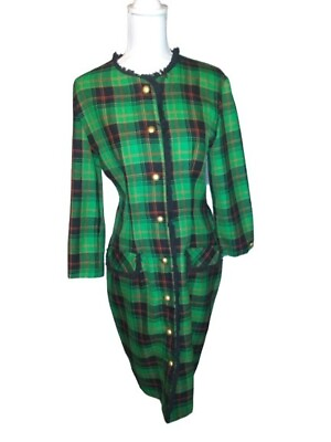 #ad Vintage 60s Mod Green Navy Queen Scottish Clueless VTG Plaid Sheath Dress Sz 8