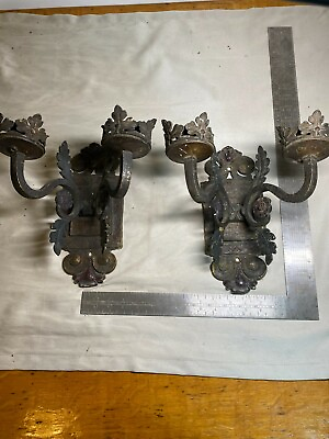 Pair Antique Wall Light Sconces Solid Brass with Original Paint Hammered from SF