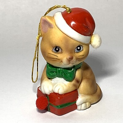 #ad VINTAGE JSNY Ceramic CAT BELL Christmas Ornament Taiwan SANTA CAP Kitten GIFT