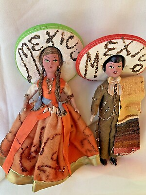 #ad Vintage 1960s Mexican Mexico Folk Art Dolls Man amp; Woman Sombrero OOAK ❤️sj3j5