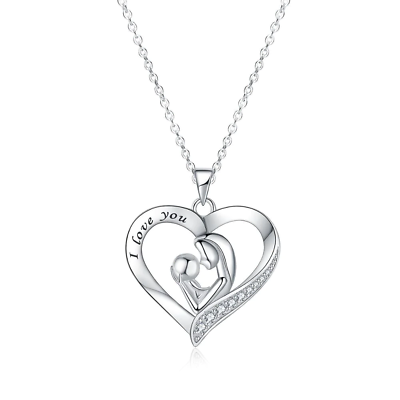 #ad Cubic Zirconia I Love You Heart Mom and Child Necklace in 925 Sterling Silver