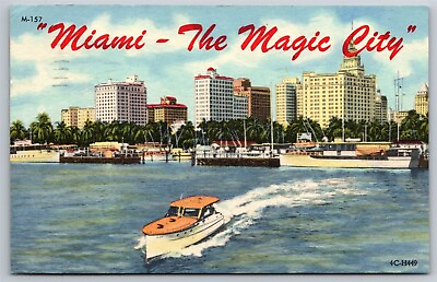 FL Miami The Magic City Linen View Boat Waterfront Skyline Vtg Postcard 1960s