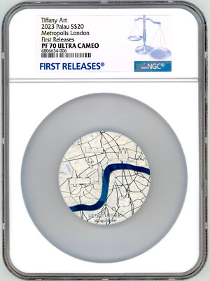 #ad Tiffany Art Metropolis London 2023 Palau $20 3 oz Silver Coin NGC 70 FR