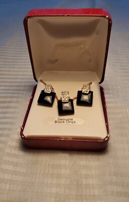 #ad JEWELRY 925 Sterling Silver Genuine Black Onyx NECKLACE EARRING SET