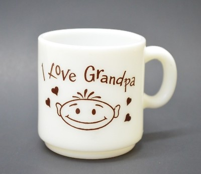 #ad Vintage Milk Glass Mug Cup I Love Grandpa White Brown Gift