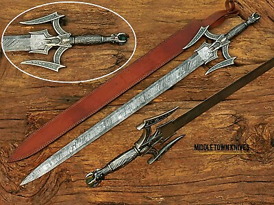 Handmade Damascus Steel Barbarian Sword W Jewel Handle amp; Leather Sheath.