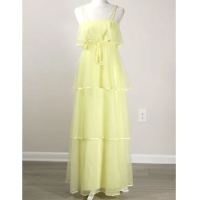 #ad Vintage 1960s 1970s Yellow Tiered Chiffon Sleeveless Maxi Dress with Shawl