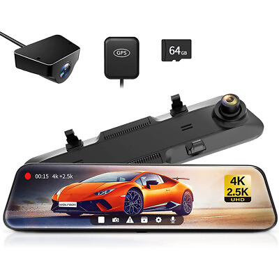 #ad WOLFBOX G900 Mirror Camera 4K Dash Cam Rear View cam Front and Rear Free SD Card