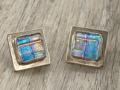 #ad Modern Iridescent Square Dichroic Glass Sterling Silver Earrings Artist Signed