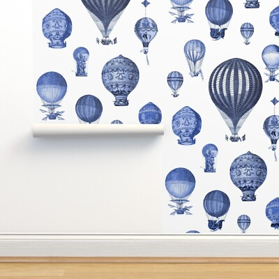 Peel and Stick Removable Wallpaper History Hot Air Balloons Blue White Antique