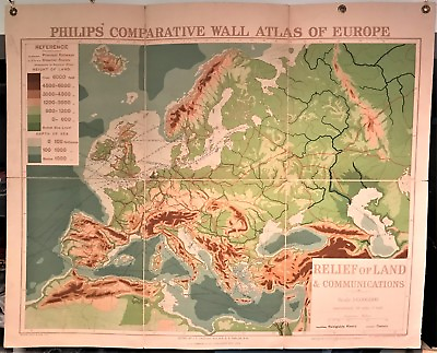 #ad Original 1921 Philips#x27; Comparative WALL Atlas EUROPE Land amp; Communications Map