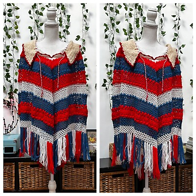 #ad #ad Vintage 60s 70s Womens Hand Knitted Crochet Poncho Red White Blue Fringe Boho M