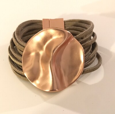 #ad Rose Gold Sculpted Disc Leather Multi strand Magnetic Bracelet