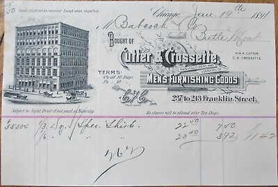 #ad Chicago IL 1891 Letterhead Cutter and Crossette Men#x27;s Furnishing to Butte MT