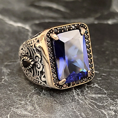#ad Men Silver Square Blue Gemstone Ring Silver Blue Sapphire Zircon Stone Ring