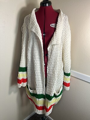 #ad Vtg Grandma Core Womens Cardigan Sweater Sz L Cream Handknit Open Front Striped