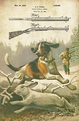 #ad Vintage Shotgun Patent Art Print 11x17 Beagle Dog Rabbit Hunting Wall Decor