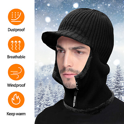 #ad Men Winter Warm Skull Hat Knit Visor Beanie Fleece Lined Beanie with Brim Cap