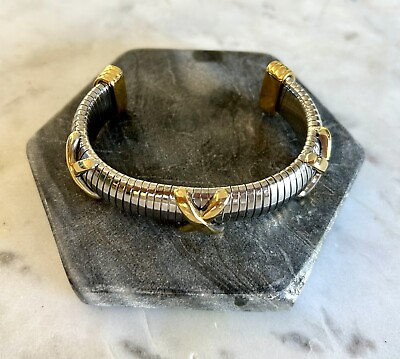 #ad Vintage Two Tone Cuff Bangle Bracelet LARGE Criss Cross Xs Silver amp; Gold Tone