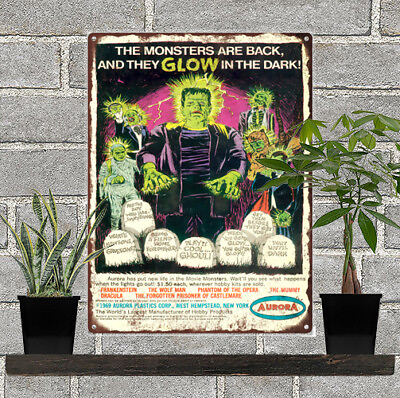1969 Glow in the Dark Monsters Ad Aurora Metal Sign Repro mancave 9x12quot; 60270