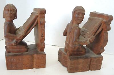 1930s Hand Carved Book Ends Philippines Igorot Man amp; Woman On Weaving Looms