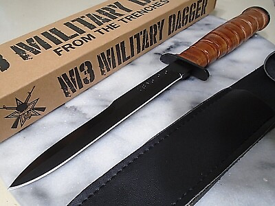 M3 1943 Military Dagger Fixed Blade Knife Stacked Leather Dual Edge 11.65quot; OA