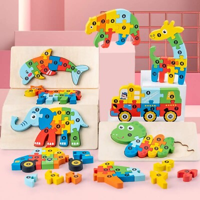 #ad Wooden Jigsaw Puzzles Pieces Toddler Kids Numbered Animals Educational Toy