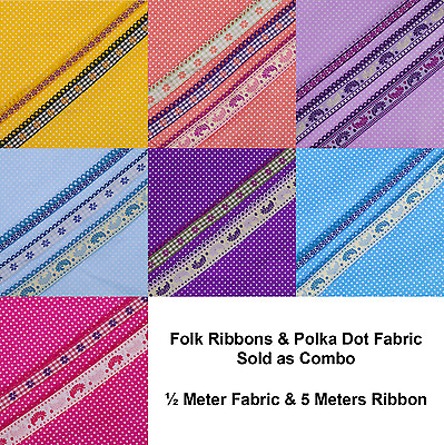 #ad Neotrims Polka Dot Woven Fabric Materail amp; Decorative Folk Ribbon Combo Set