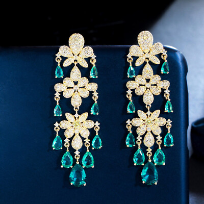 #ad Classy Light Green CZ Flower Drop Chandelier Tassel Long Bridal Wedding Earrings