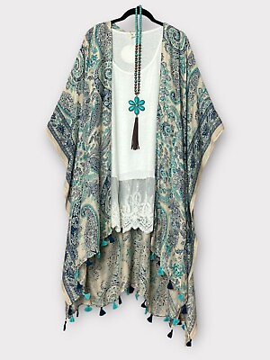#ad Boho Floral Paisley Teal Blue Kimono Cardigan Hippie Fringe Duster S 3X