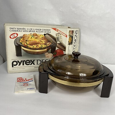 #ad Pyrex Designs 2 Qt Covered Casserole with Brass Accent Cradle Stand Open Box