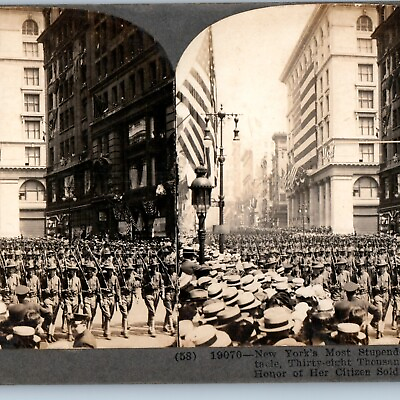 c1900s New York City US Military 38000 Soldier Parade Real Photo Stereo Card V15