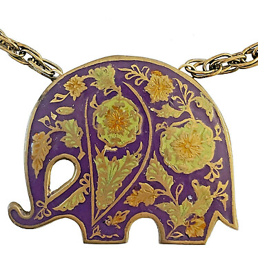 #ad Vtg 70s Dark Blue Enamel Brass Elephant Medallion Necklace Rope Chain w Clasp