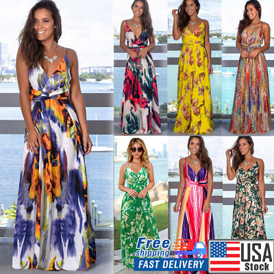 #ad Women Ladies Boho Floral Maxi Dress Cocktail Party Evening Summer Beach Sundress