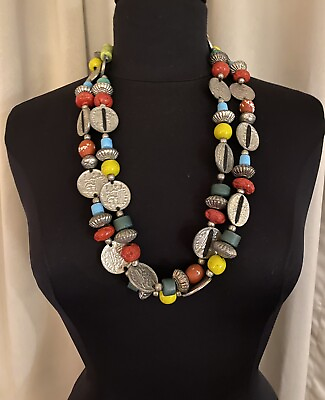 #ad Vintage Tribal Look Statement Necklace Chunky 3 Tier Colorful