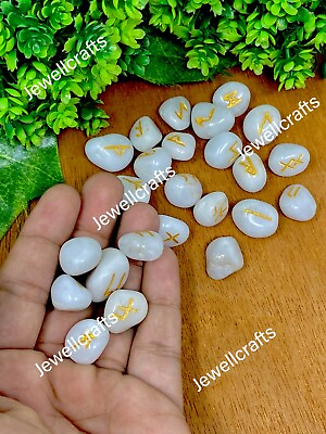 White Agate Stones Rune Set Tumbled Engraved Lettering Reiki Crystal