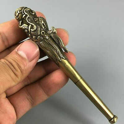 Old Antique Chinese Brass Pure Handwork Collectible Dragon Sm0king Pipe Statue