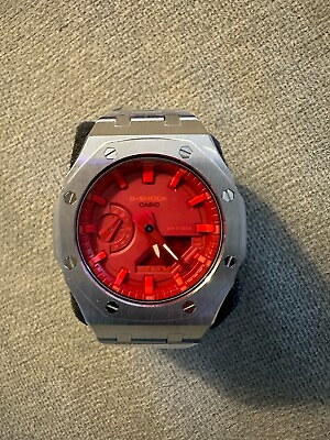 #ad Casio G Shock GA2100 CasiOak Custom MOD Red Watch Silver Metal Case Bracelet New